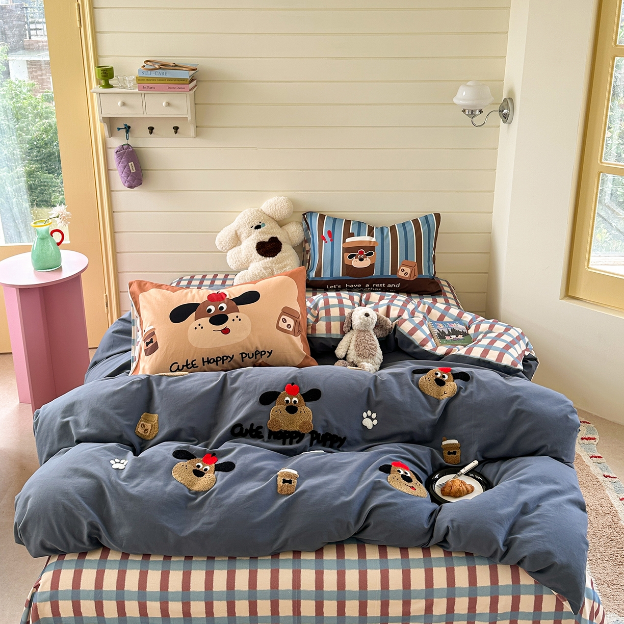 柚子YOUTH 2025新款全棉秋冬磨毛毛巾绣四件套 摩卡狗