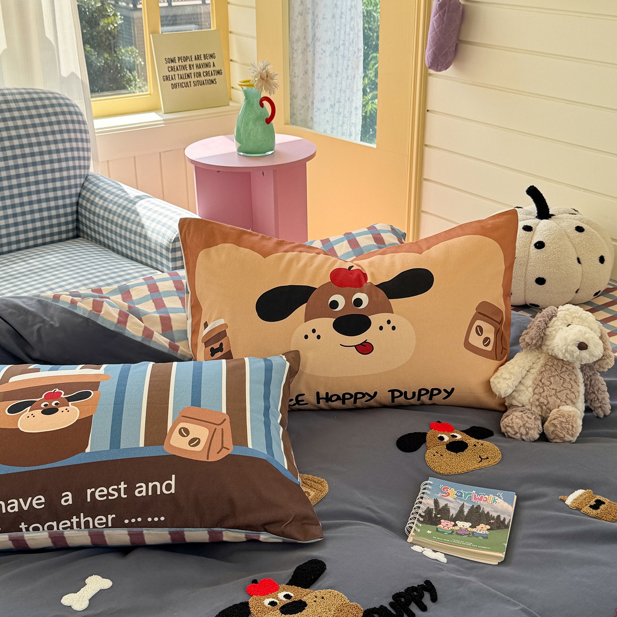 91家纺网 家纺一手货源 找家纺 柚子YOUTH 2025新款全棉秋冬磨毛毛巾绣四件套 摩卡狗