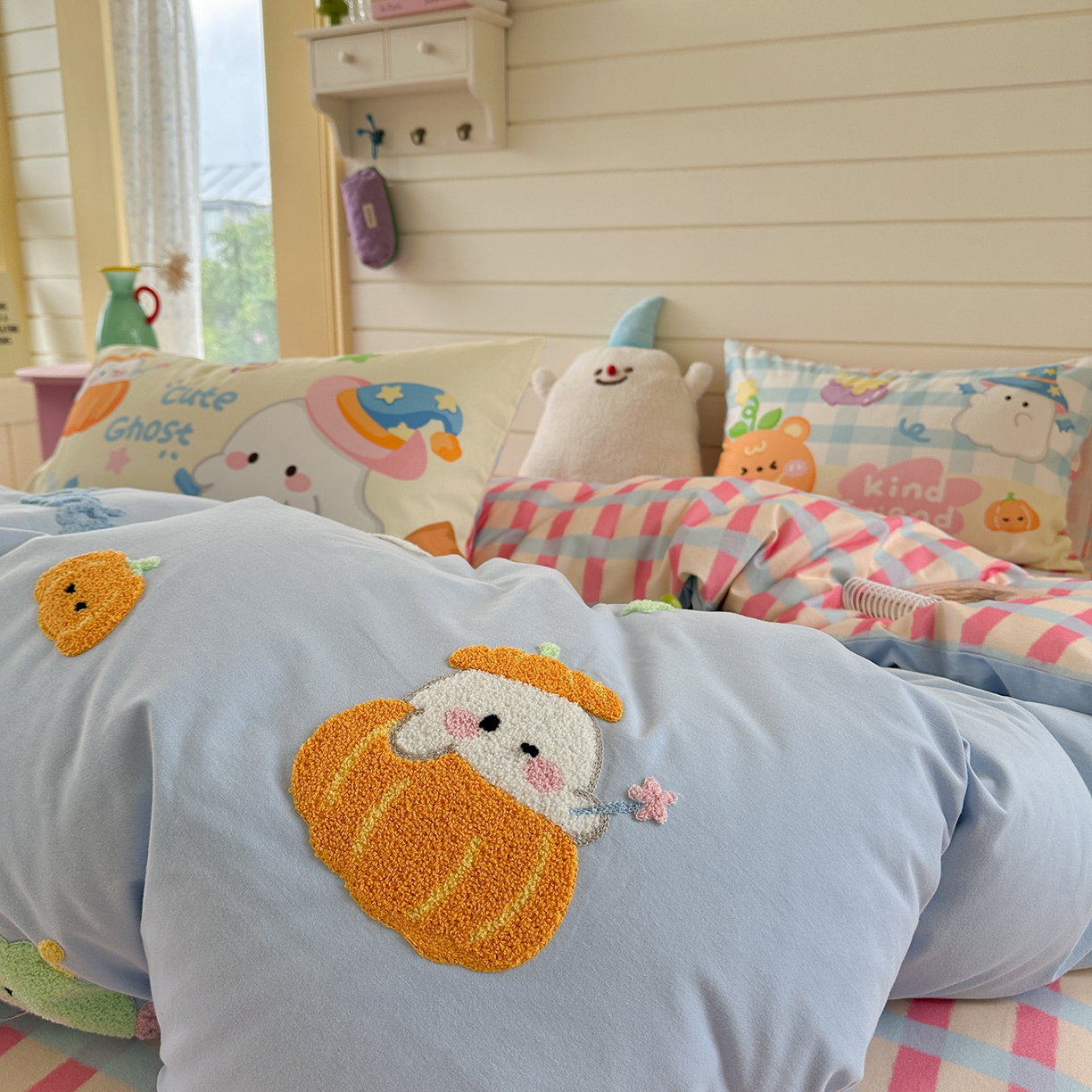 91家纺网 家纺一手货源 找家纺 柚子YOUTH 2025新款全棉秋冬磨毛毛巾绣四件套 南瓜巫师