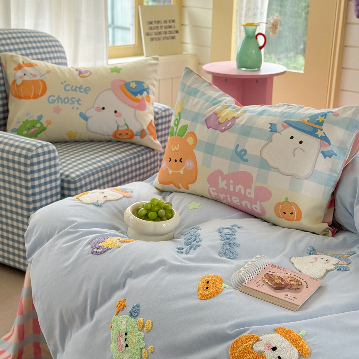 91家纺网 家纺一手货源 找家纺 柚子YOUTH 2025新款全棉秋冬磨毛毛巾绣四件套 南瓜巫师