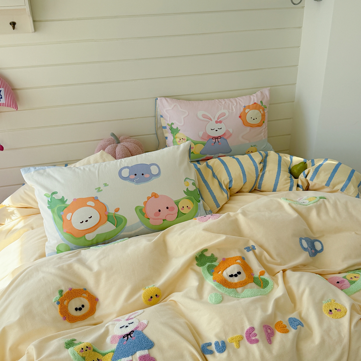 91家纺网 家纺一手货源 找家纺 柚子YOUTH 2025新款全棉秋冬磨毛毛巾绣四件套 豌豆