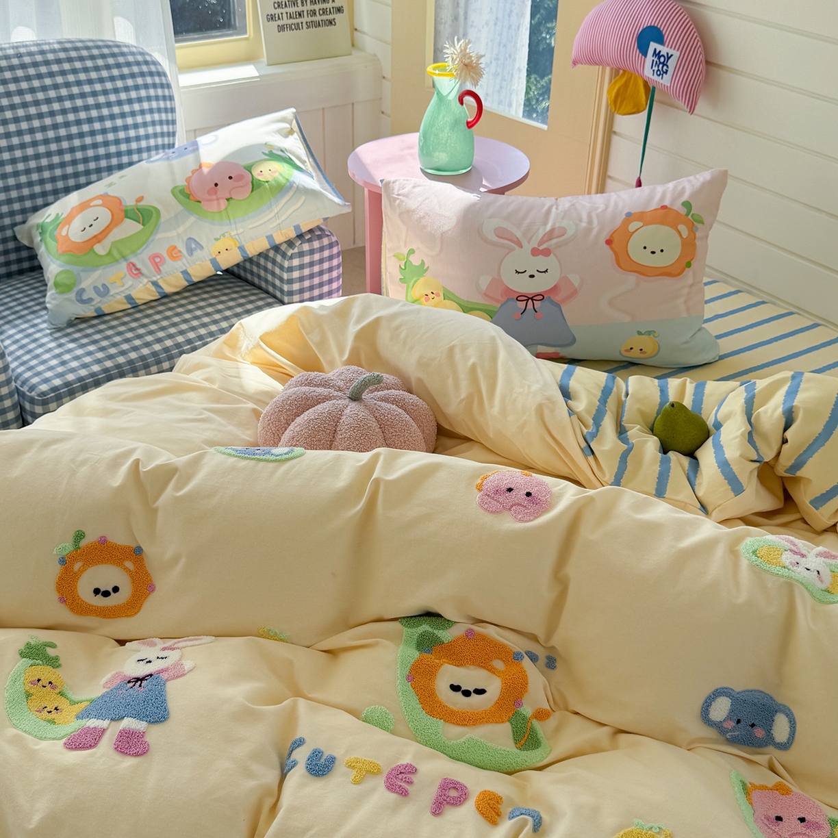 91家纺网 家纺一手货源 找家纺 柚子YOUTH 2025新款全棉秋冬磨毛毛巾绣四件套 豌豆