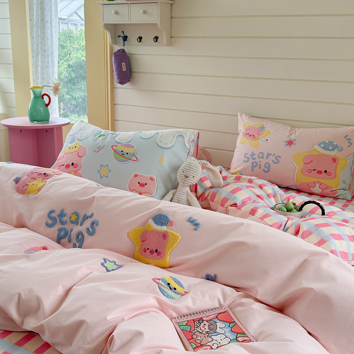 91家纺网 家纺一手货源 找家纺 柚子YOUTH 2025新款全棉秋冬磨毛毛巾绣四件套 星星小猪