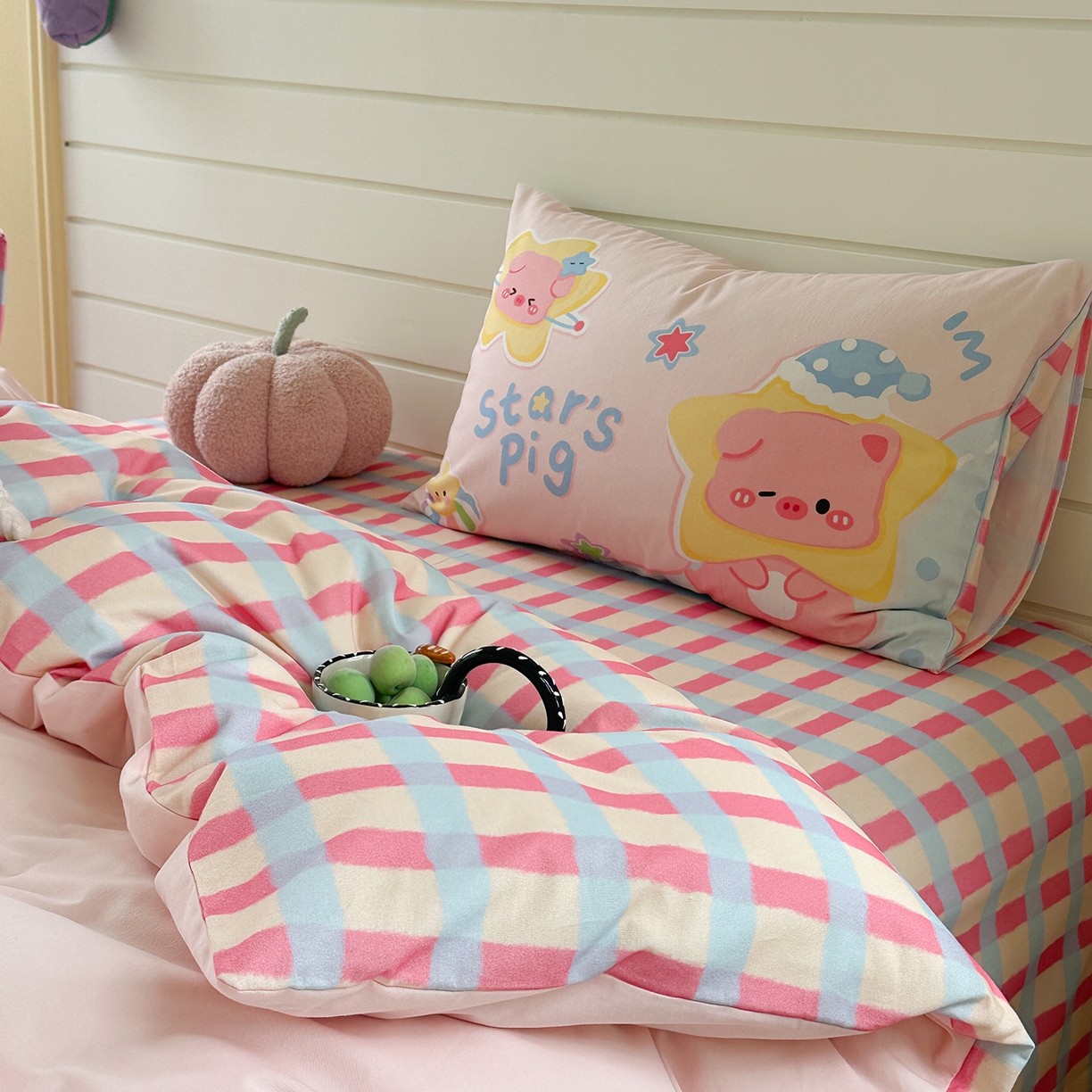 91家纺网 家纺一手货源 找家纺 柚子YOUTH 2025新款全棉秋冬磨毛毛巾绣四件套 星星小猪