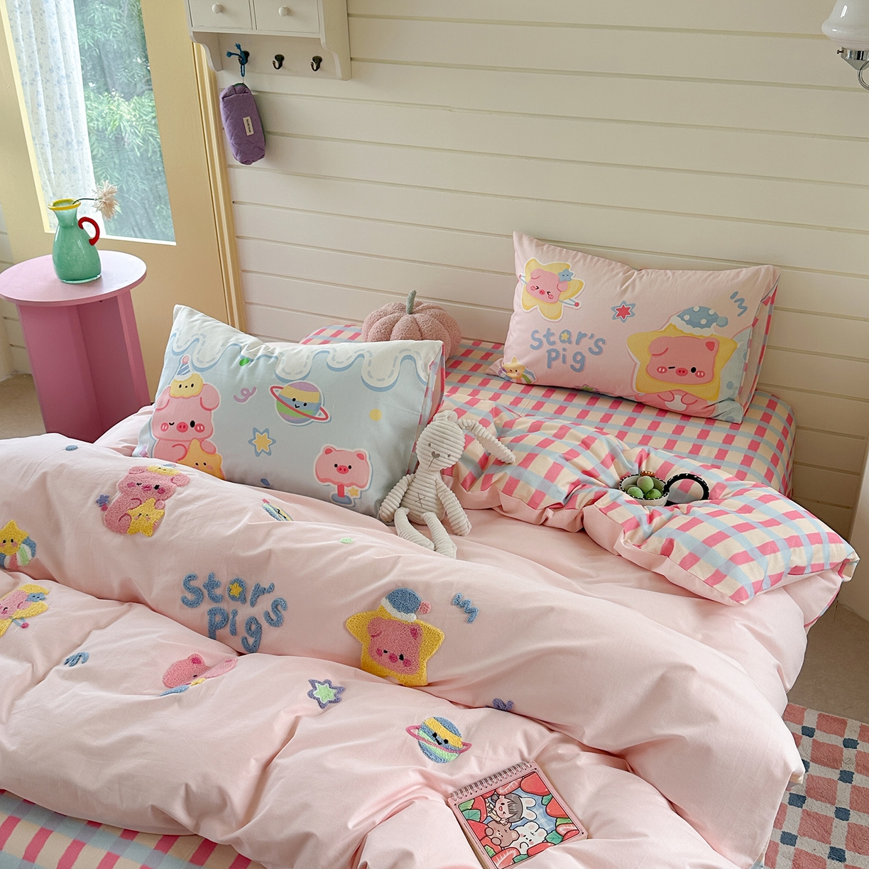 91家纺网 家纺一手货源 找家纺 柚子YOUTH 2025新款全棉秋冬磨毛毛巾绣四件套 星星小猪