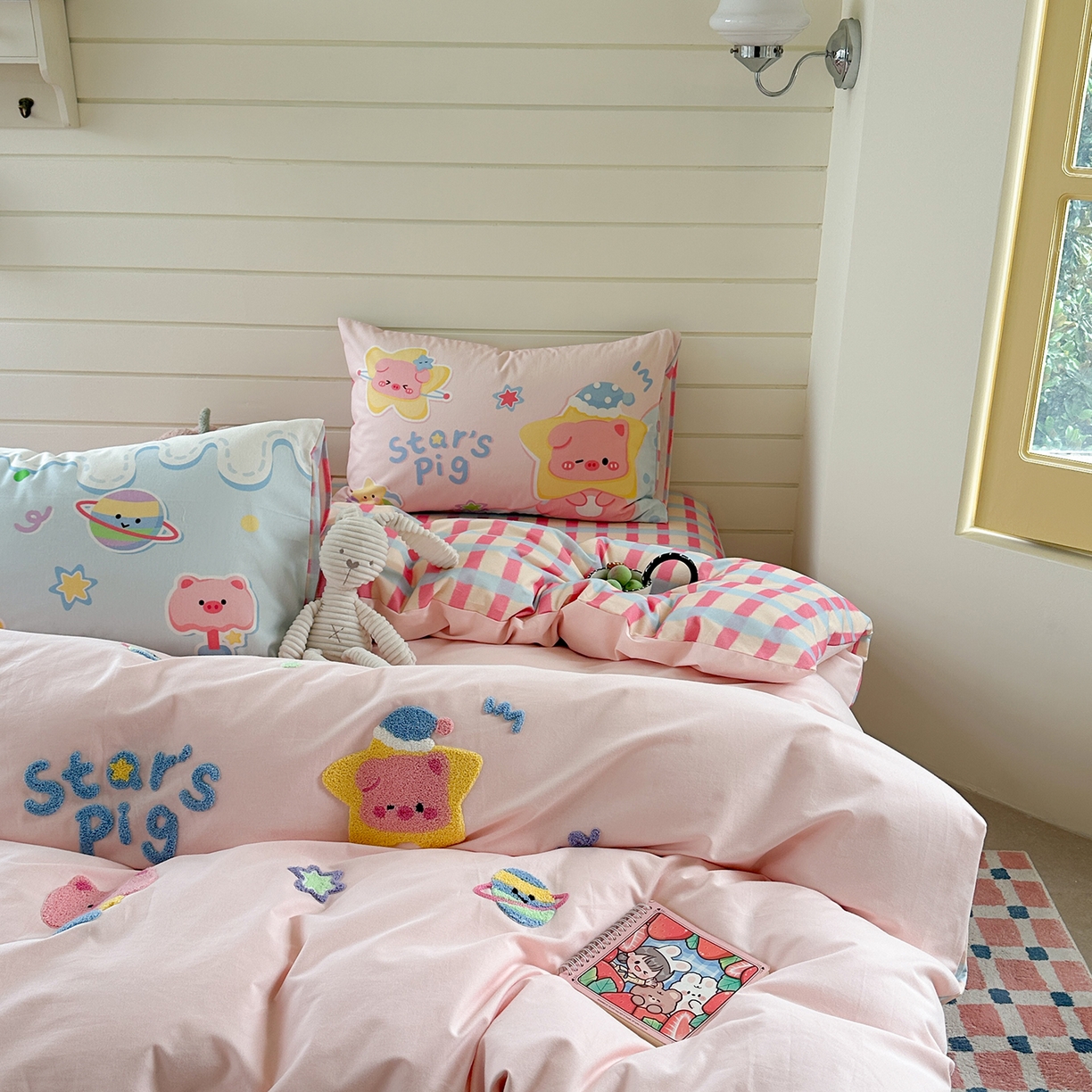 91家纺网 家纺一手货源 找家纺 柚子YOUTH 2025新款全棉秋冬磨毛毛巾绣四件套 星星小猪