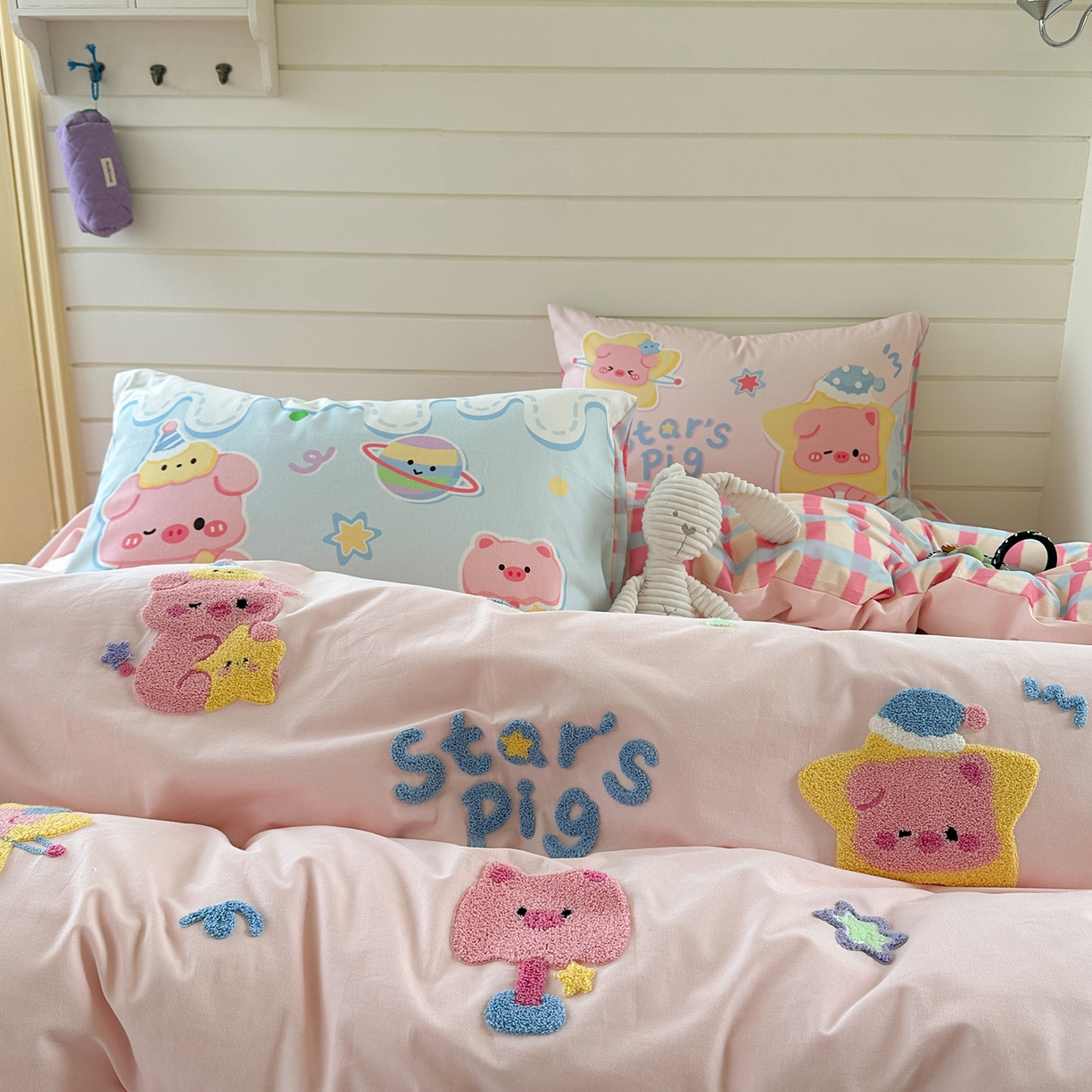 91家纺网 家纺一手货源 找家纺 柚子YOUTH 2025新款全棉秋冬磨毛毛巾绣四件套 星星小猪