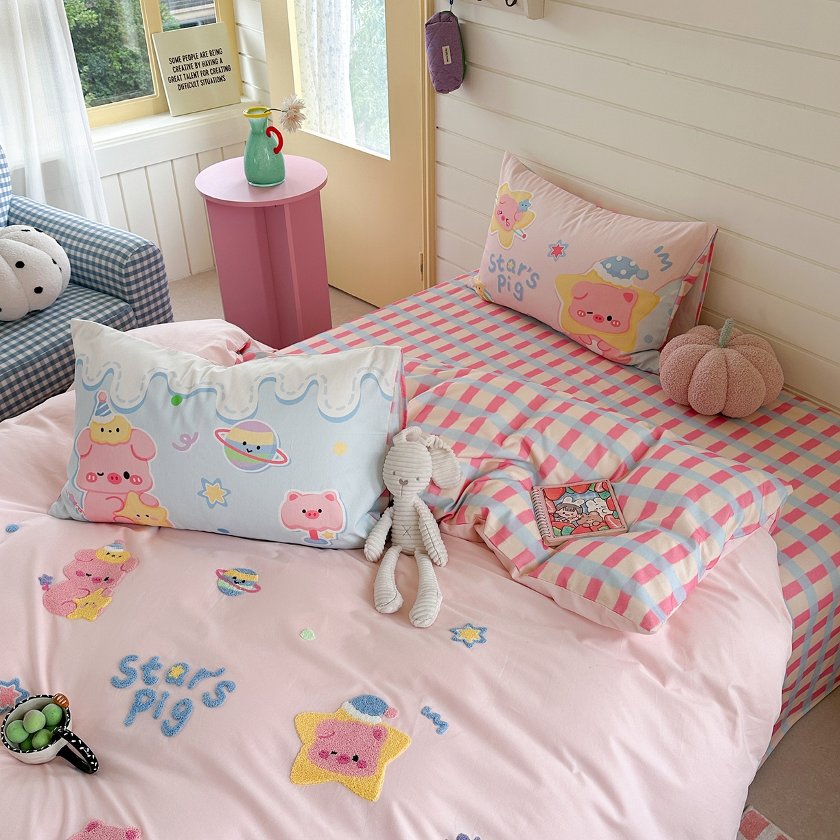 91家纺网 家纺一手货源 找家纺 柚子YOUTH 2025新款全棉秋冬磨毛毛巾绣四件套 星星小猪