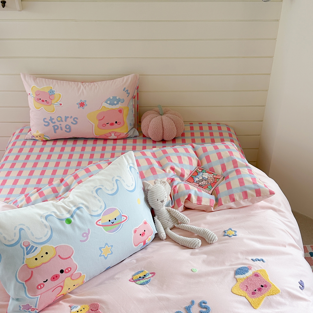 91家纺网 家纺一手货源 找家纺 柚子YOUTH 2025新款全棉秋冬磨毛毛巾绣四件套 星星小猪