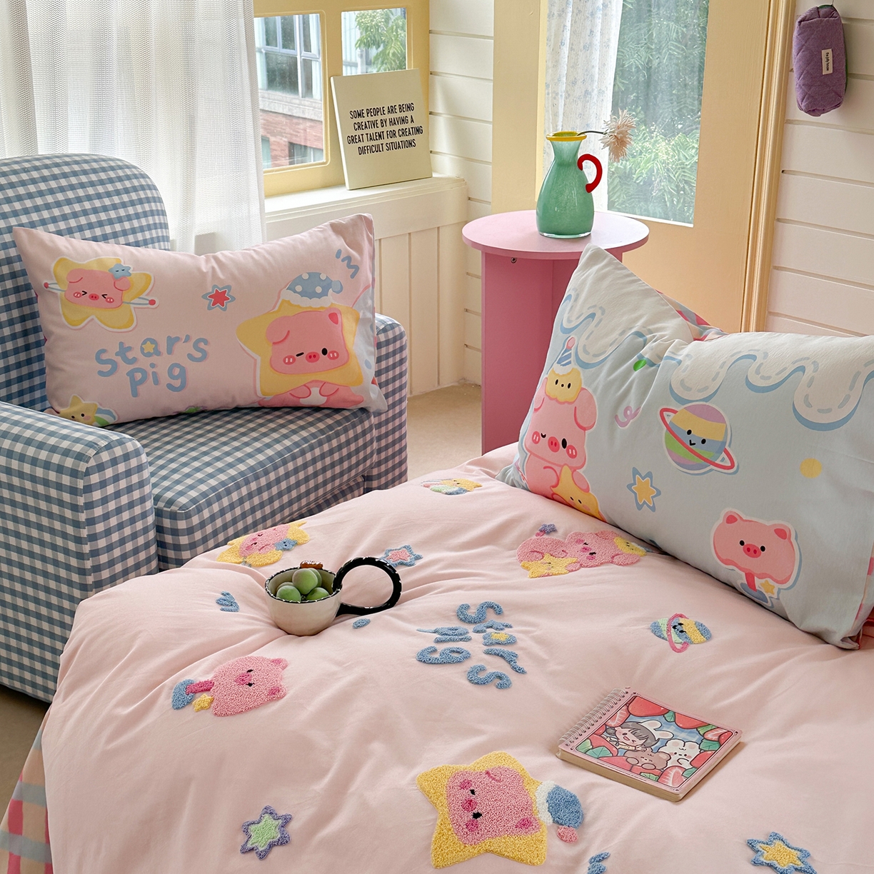 91家纺网 家纺一手货源 找家纺 柚子YOUTH 2025新款全棉秋冬磨毛毛巾绣四件套 星星小猪