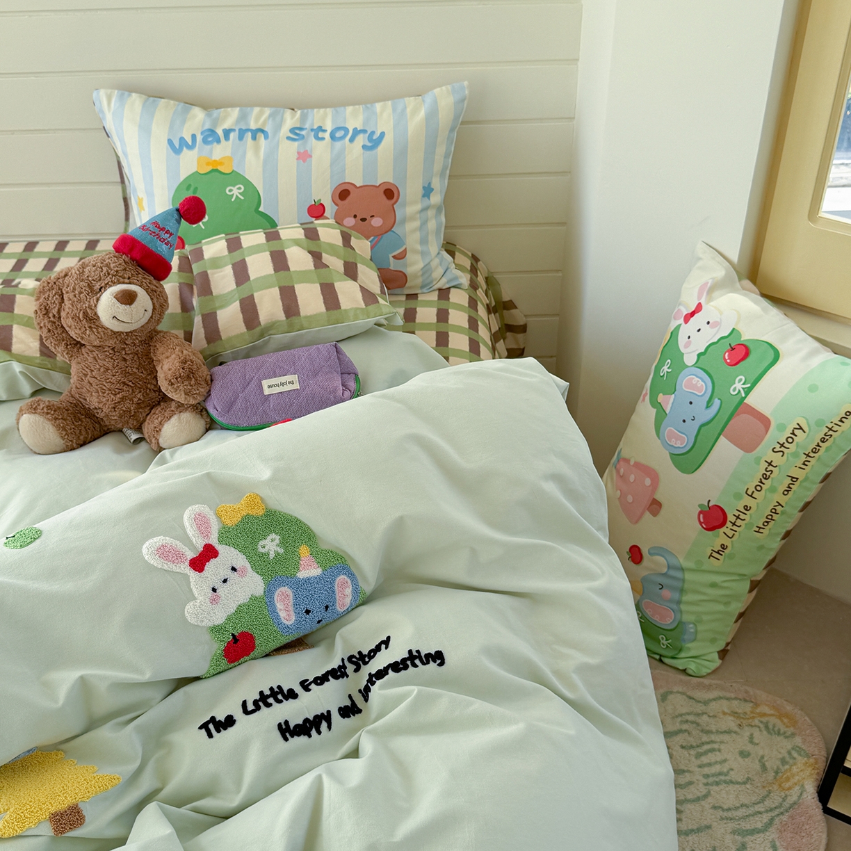 91家纺网 家纺一手货源 找家纺 柚子YOUTH 2025新款全棉秋冬磨毛毛巾绣四件套 熊兔乐园