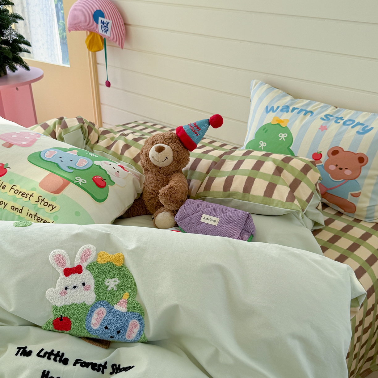 91家纺网 家纺一手货源 找家纺 柚子YOUTH 2025新款全棉秋冬磨毛毛巾绣四件套 熊兔乐园