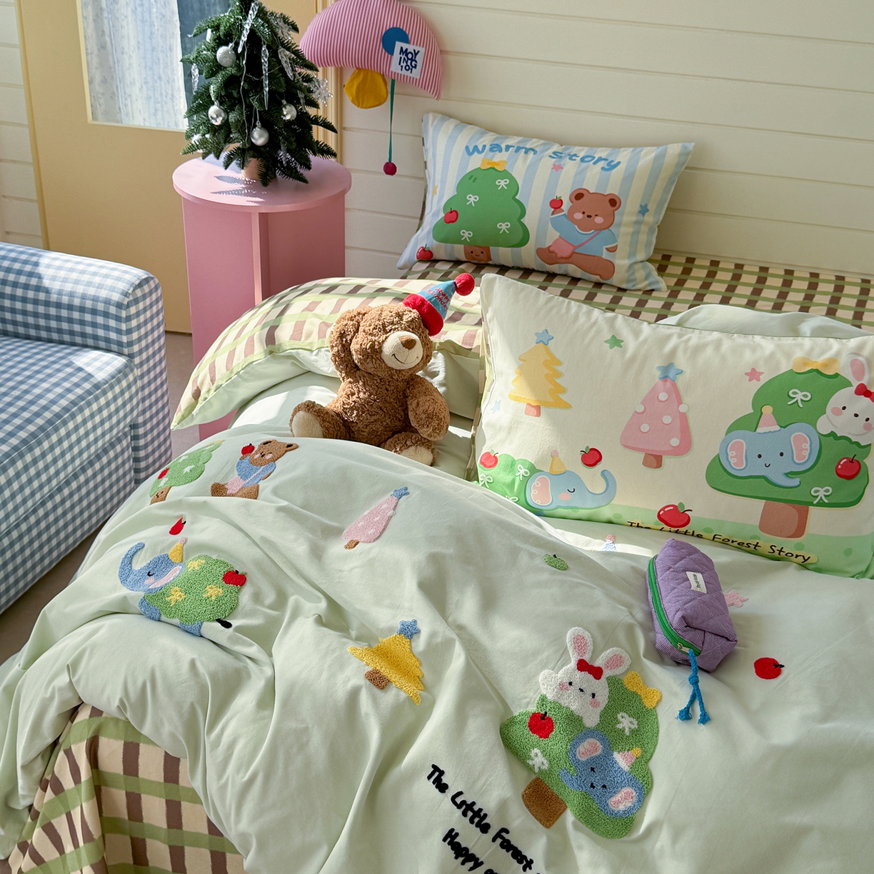 91家纺网 家纺一手货源 找家纺 柚子YOUTH 2025新款全棉秋冬磨毛毛巾绣四件套 熊兔乐园