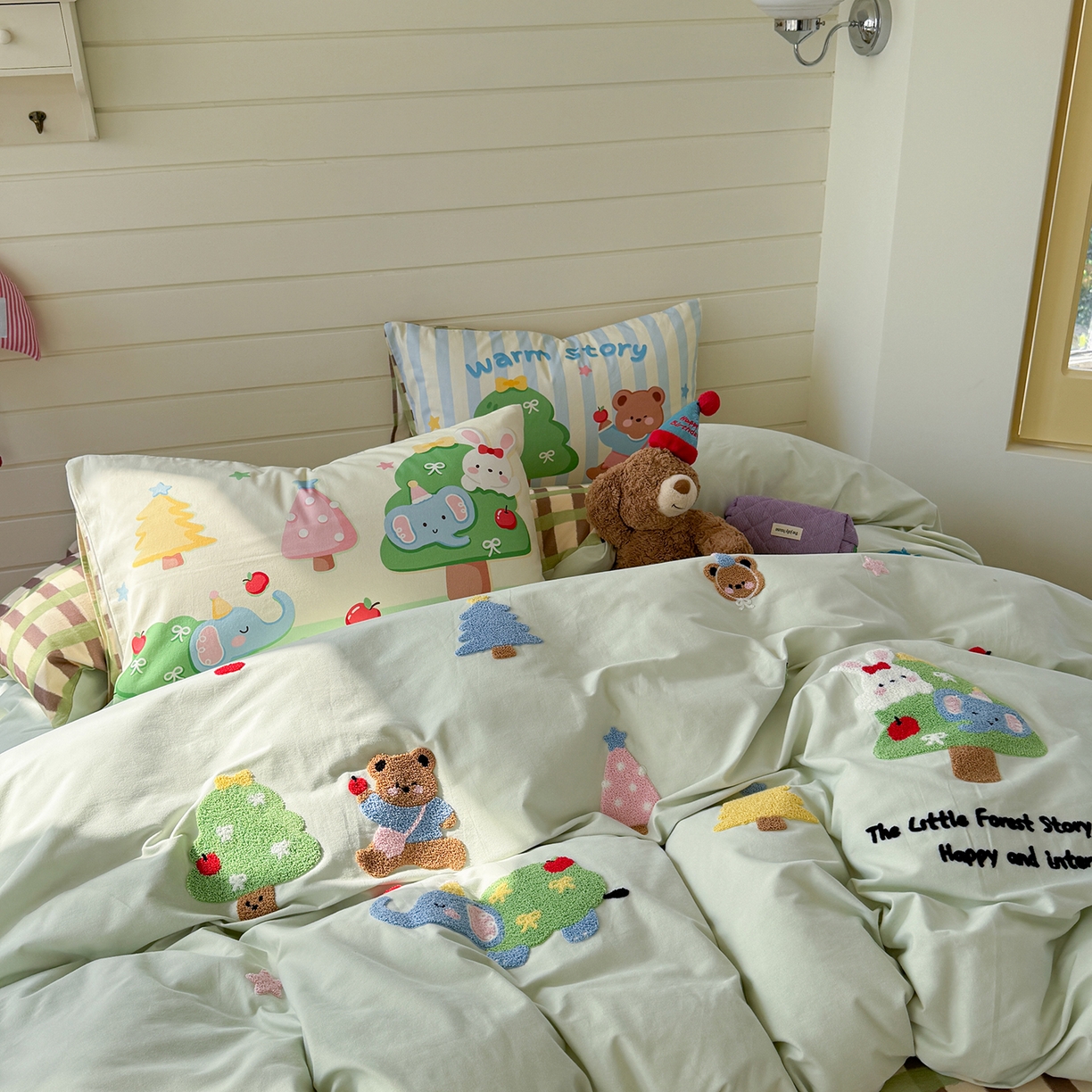 91家纺网 家纺一手货源 找家纺 柚子YOUTH 2025新款全棉秋冬磨毛毛巾绣四件套 熊兔乐园