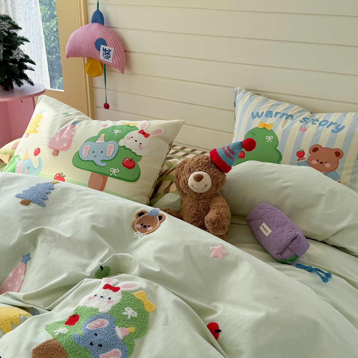 91家纺网 家纺一手货源 找家纺 柚子YOUTH 2025新款全棉秋冬磨毛毛巾绣四件套 熊兔乐园