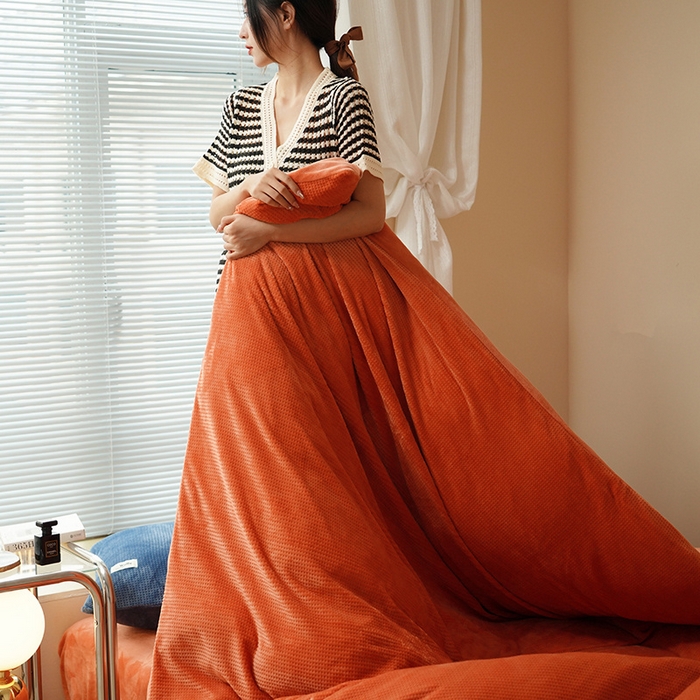 91家纺网 家纺一手货源 找家纺 朵希曼 2026新款加厚保暖华夫格牛奶绒系列四件套 热带橙