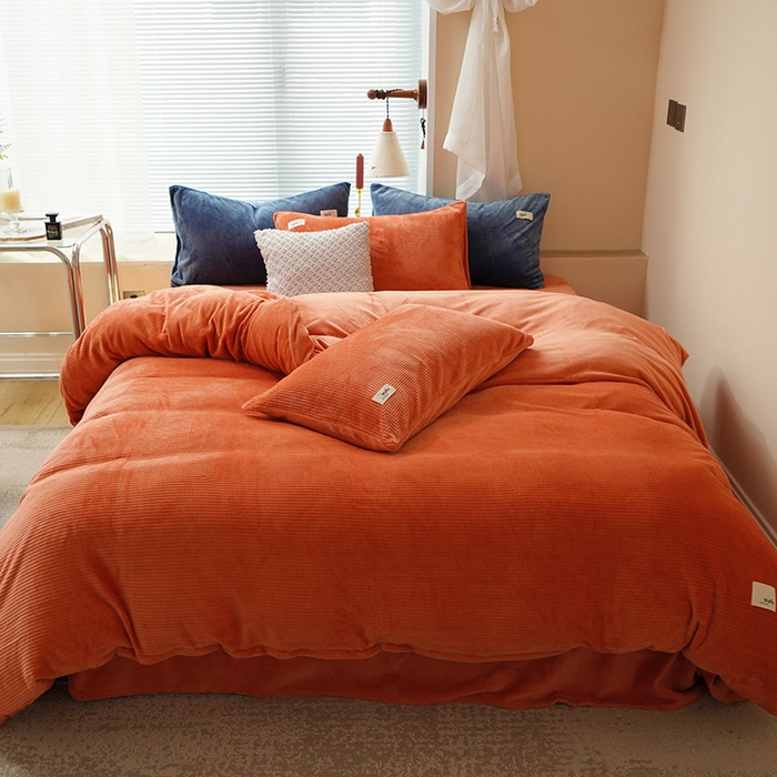 朵希曼 2026新款加厚保暖华夫格牛奶绒系列四件套 热带橙