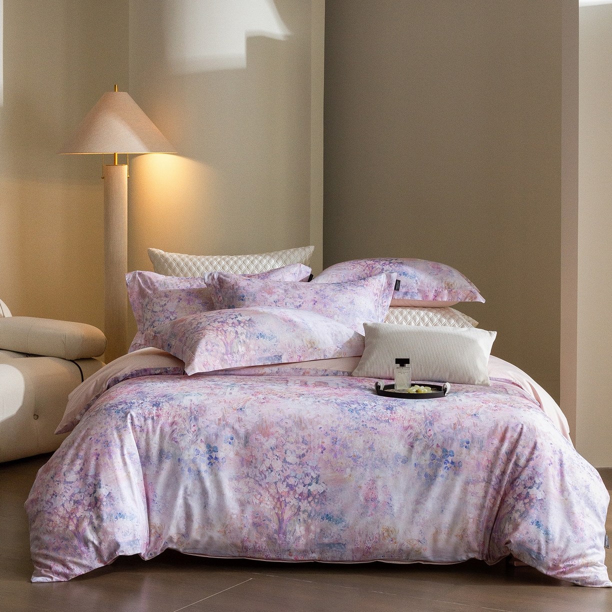 三味舒屋 2025新款暖阳画卷系列S50数码印花磨毛四件套 午后莫奈粉