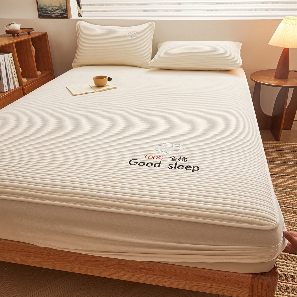 91家纺网 家纺一手货源 找家纺 （总）居眠 2025新款A类全棉色织水洗棉夹棉棉花床笠-清梦