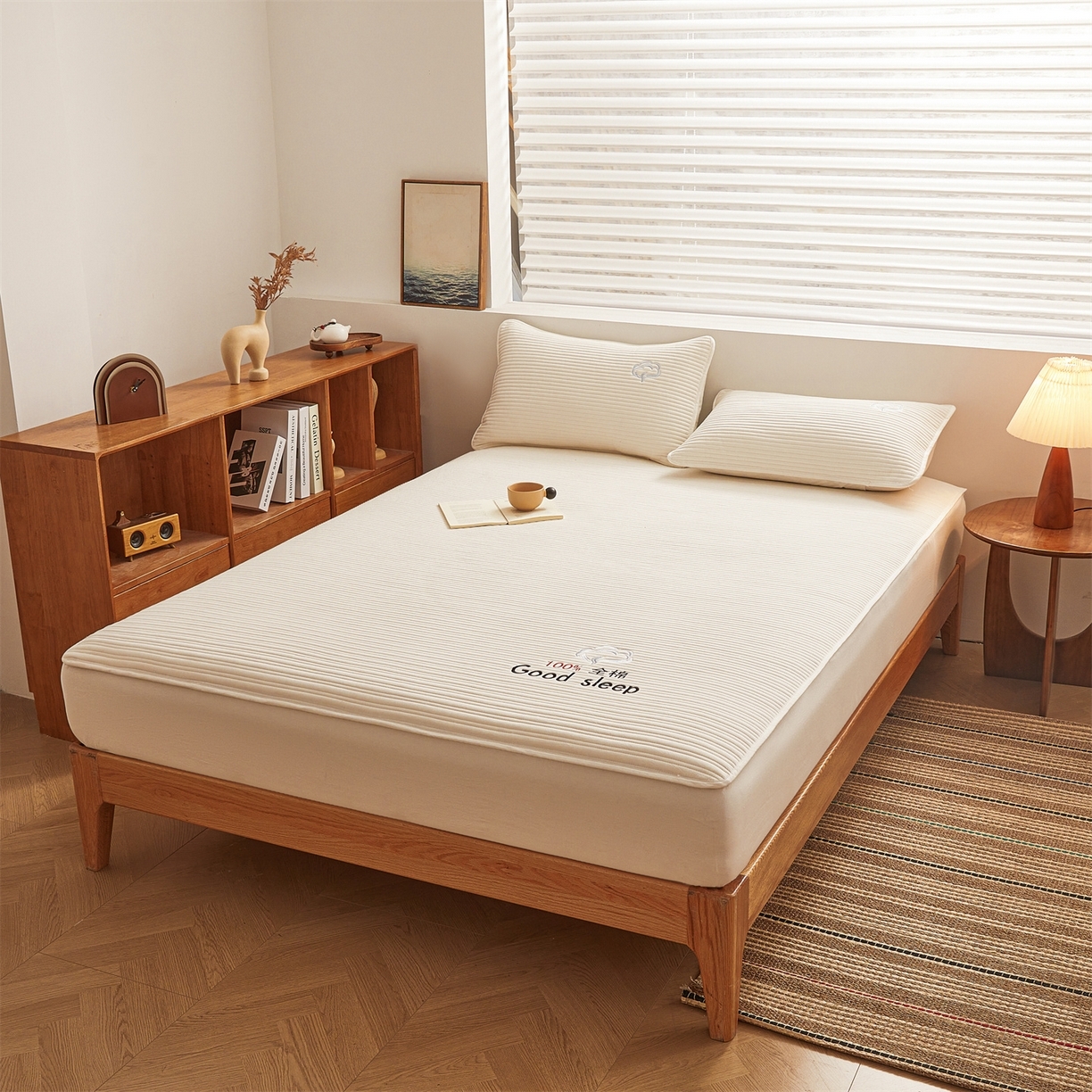 91家纺网 家纺一手货源 找家纺 （总）居眠 2025新款A类全棉色织水洗棉夹棉棉花床笠-清梦