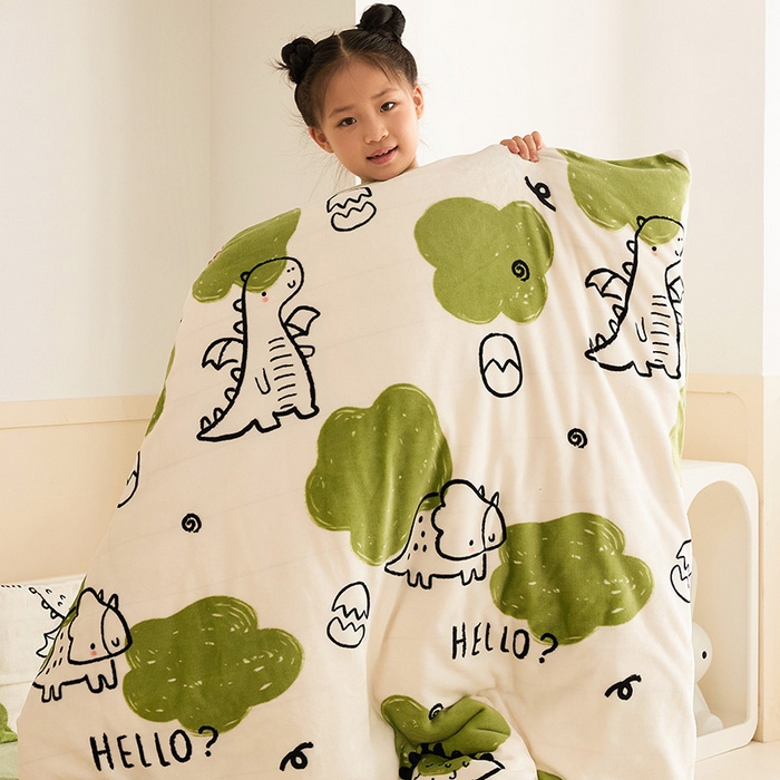 91家纺网 家纺一手货源 找家纺 嗨生活 2025新款加厚牛奶绒三件套儿童套件幼儿园三件套系列 呆萌恐龙