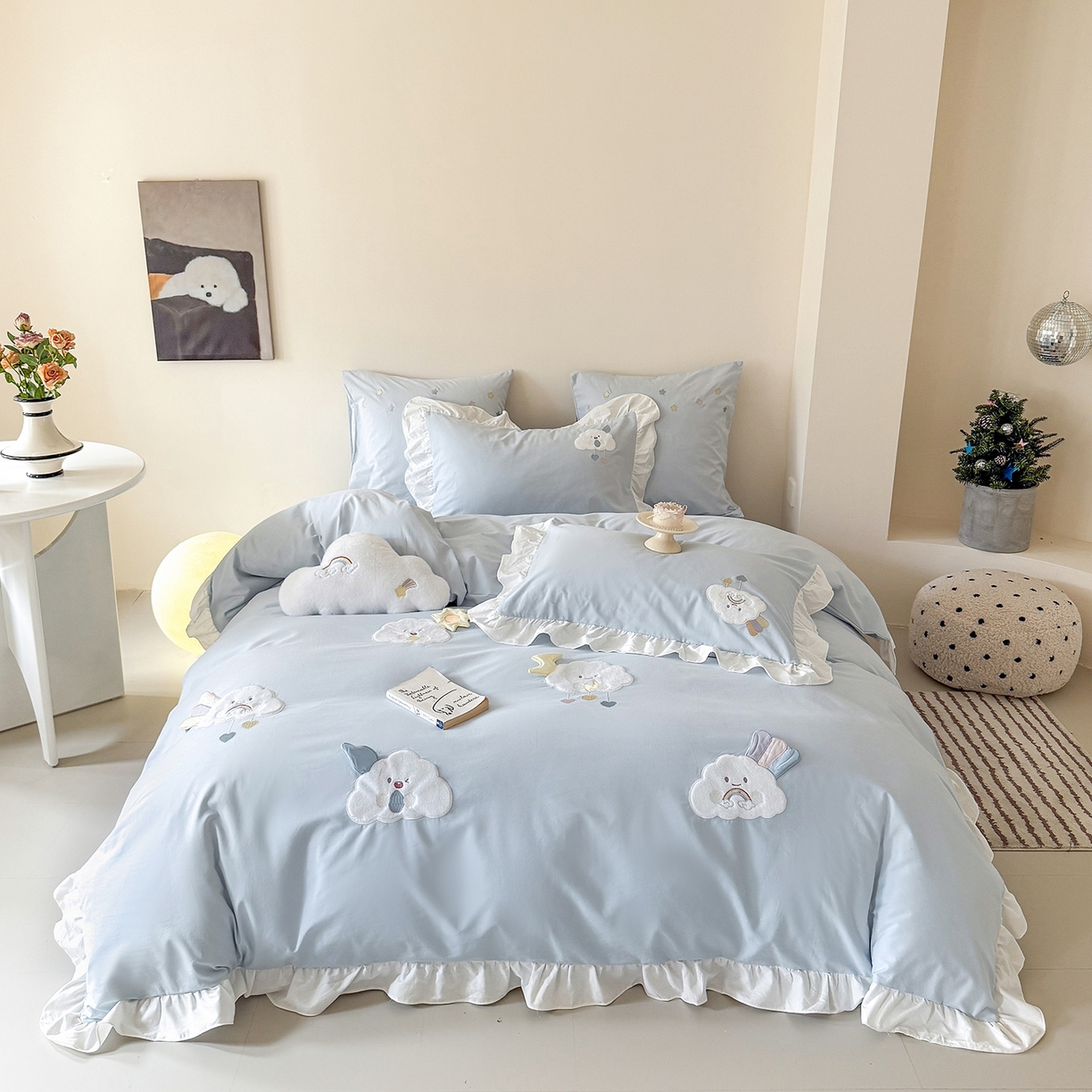 91家纺网 家纺一手货源 找家纺 曼布缇 2025新款加厚全棉纯棉磨毛绣花款套件-童话云朵（会员减20，券后控价338起) 童话云朵（会员减20，券后控价338起)-蓝