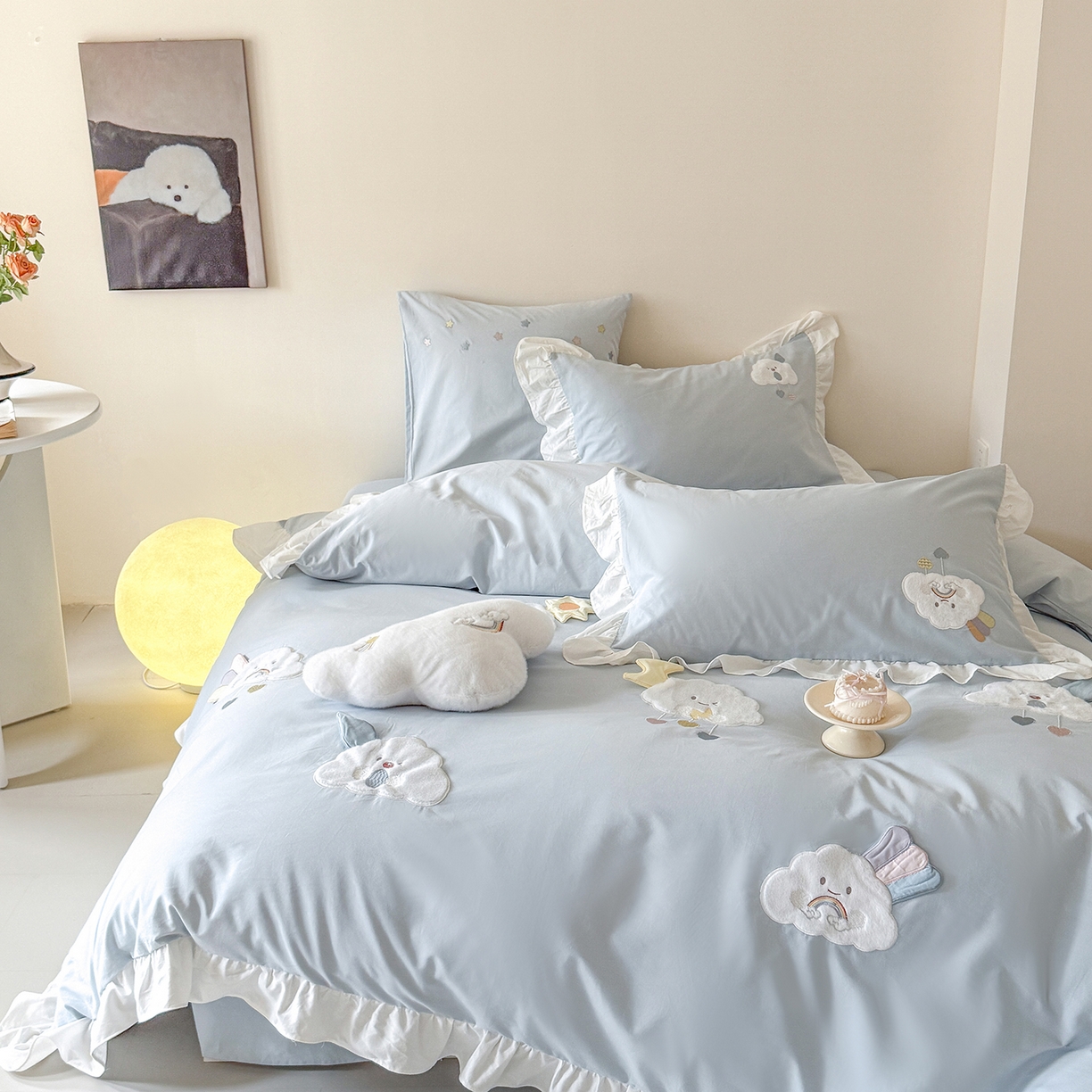 91家纺网 家纺一手货源 找家纺 曼布缇 2025新款加厚全棉纯棉磨毛绣花款套件-童话云朵（会员减20，券后控价338起) 童话云朵（会员减20，券后控价338起)-蓝