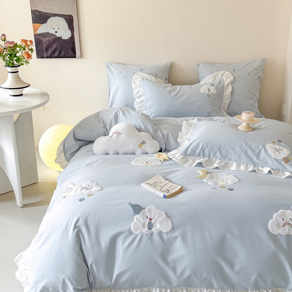 91家纺网 家纺一手货源 找家纺 曼布缇 2025新款加厚全棉纯棉磨毛绣花款套件-童话云朵（会员减20，券后控价338起) 童话云朵（会员减20，券后控价338起)-蓝