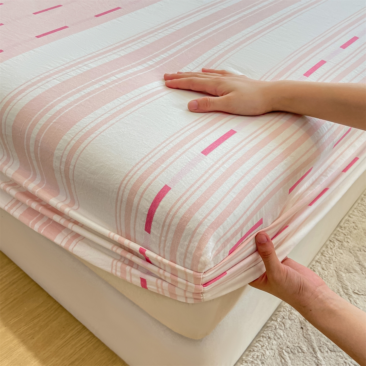 91家纺网 家纺一手货源 找家纺 灰鲸 2025新款A类全棉磨毛单品床笠 床笠单件 速律-粉