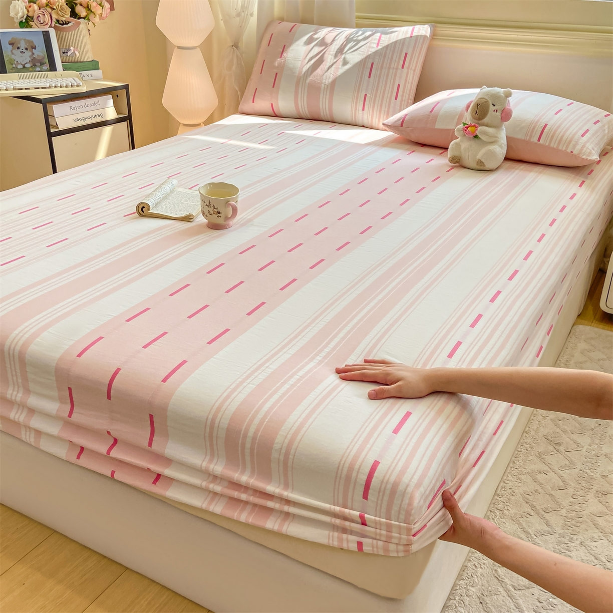 91家纺网 家纺一手货源 找家纺 灰鲸 2025新款A类全棉磨毛单品床笠 床笠单件 速律-粉