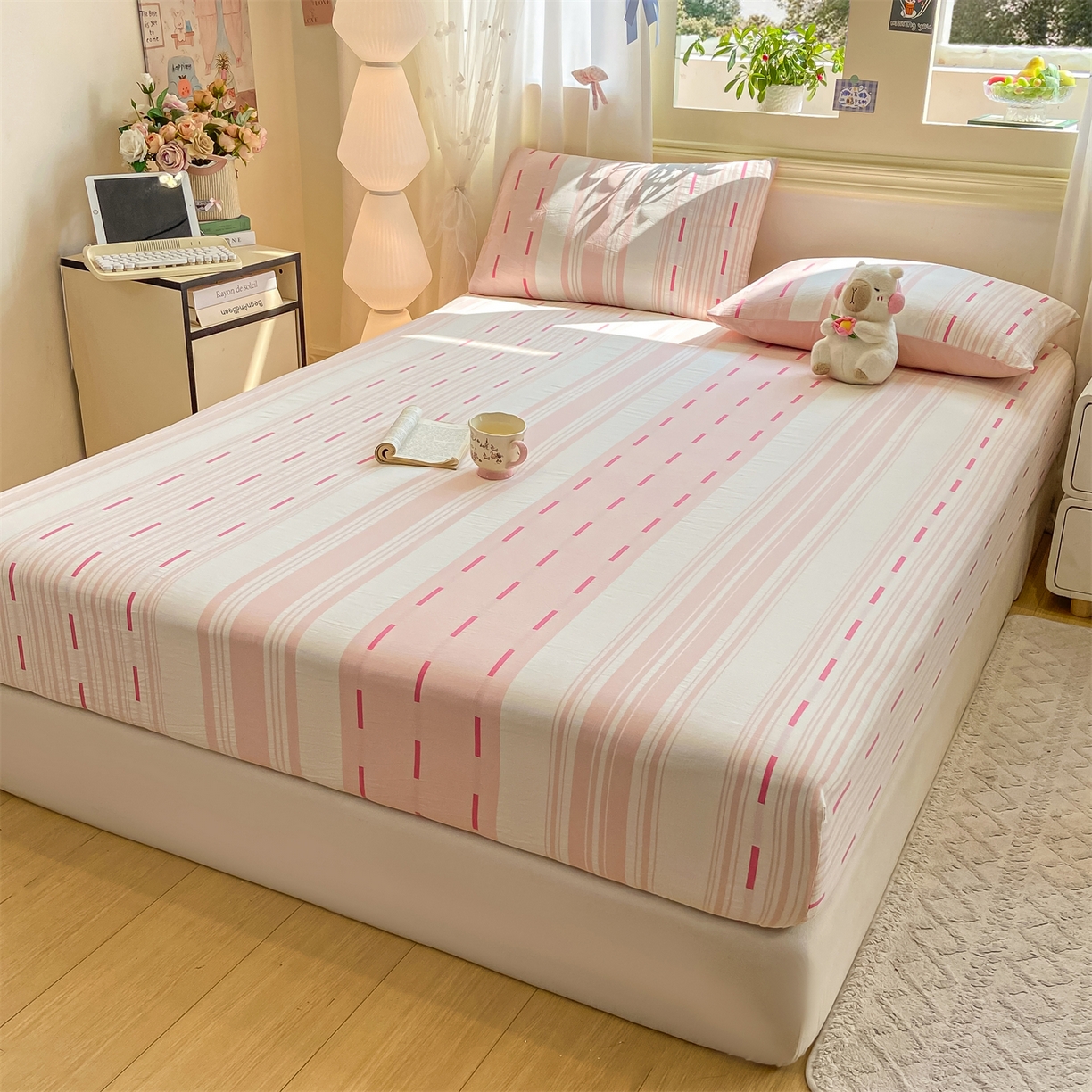 91家纺网 家纺一手货源 找家纺 灰鲸 2025新款A类全棉磨毛单品床笠 床笠单件 速律-粉