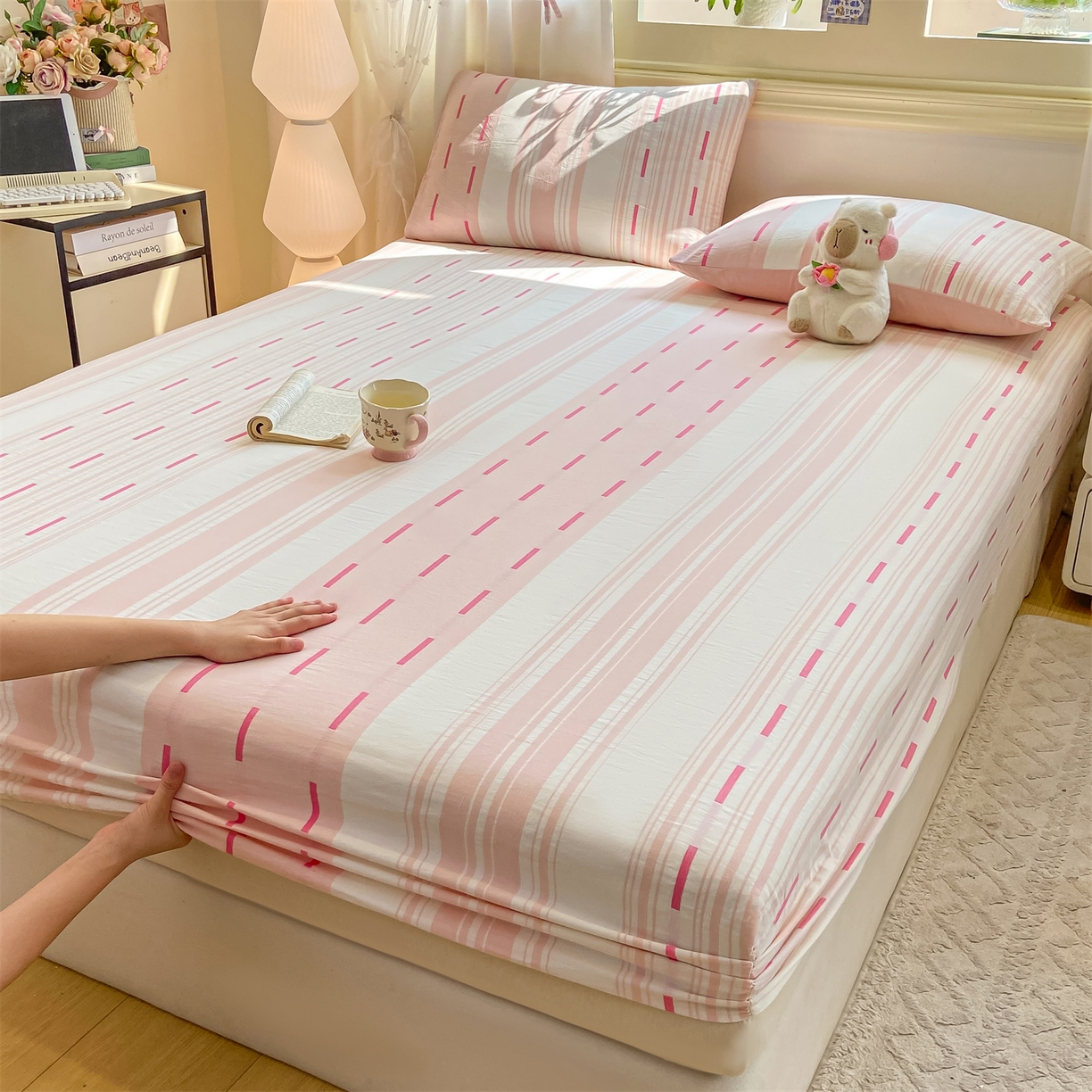 91家纺网 家纺一手货源 找家纺 灰鲸 2025新款A类全棉磨毛单品床笠 床笠单件 速律-粉