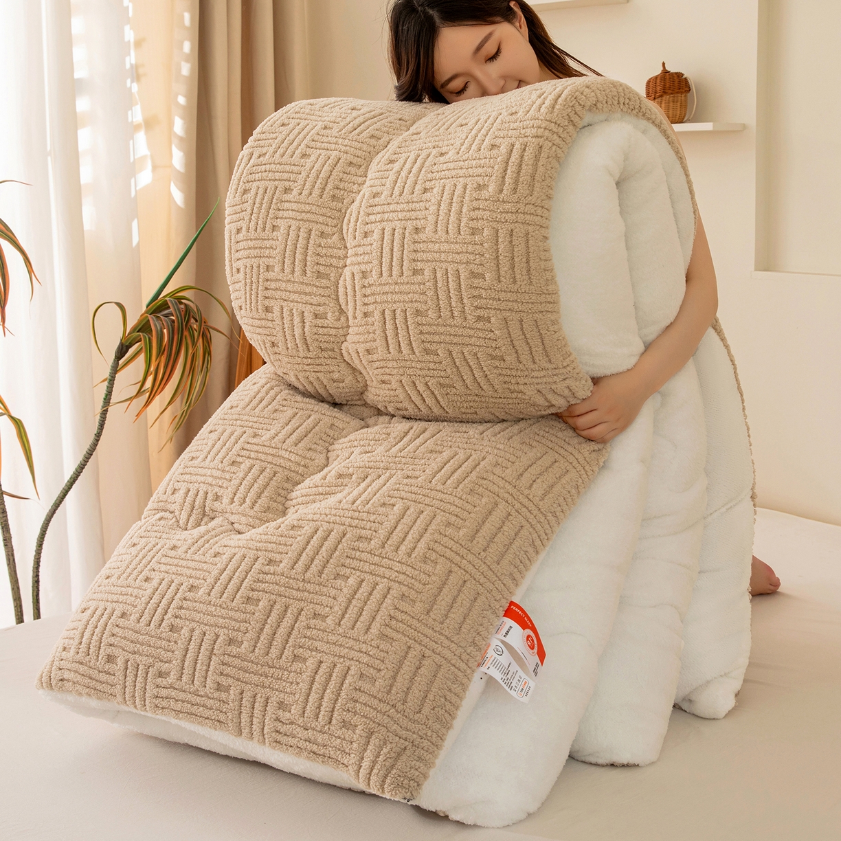 91家纺网 家纺一手货源 找家纺 牛魔王家居 2025新款加厚保暖羊羔绒冬被被子舒棉绒提花塔芙绒外贸跨境专供 暖冬系列-卡其