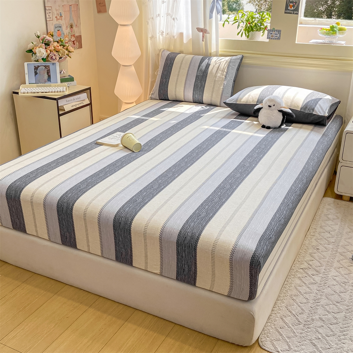 91家纺网 家纺一手货源 找家纺 灰鲸 2025新款A类全棉磨毛单品床笠 床笠单件 格律-灰