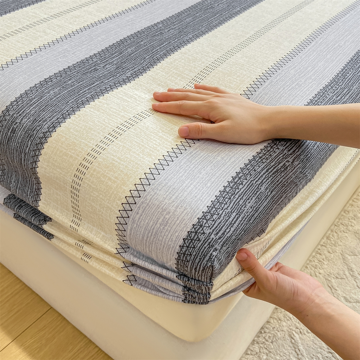 91家纺网 家纺一手货源 找家纺 灰鲸 2025新款A类全棉磨毛单品床笠 床笠单件 格律-灰