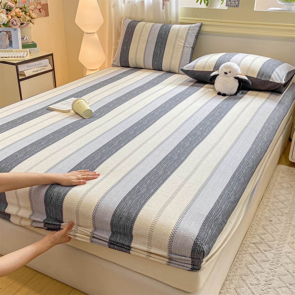 91家纺网 家纺一手货源 找家纺 灰鲸 2025新款A类全棉磨毛单品床笠 床笠单件 格律-灰