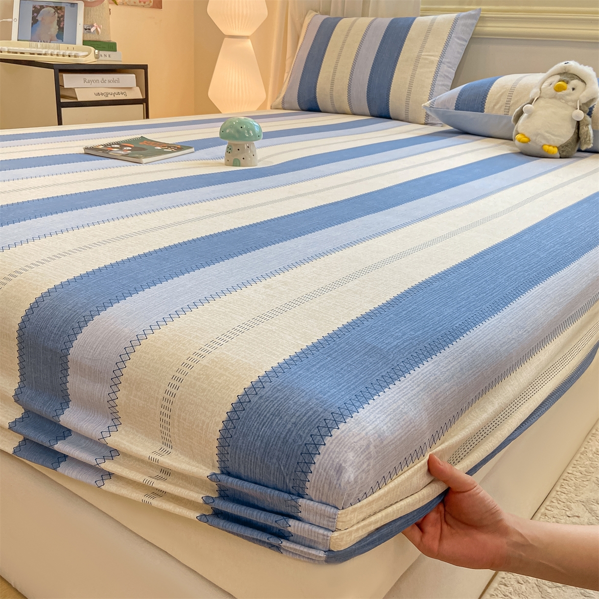 91家纺网 家纺一手货源 找家纺 灰鲸 2025新款A类全棉磨毛单品床笠 床笠单件 格律-蓝