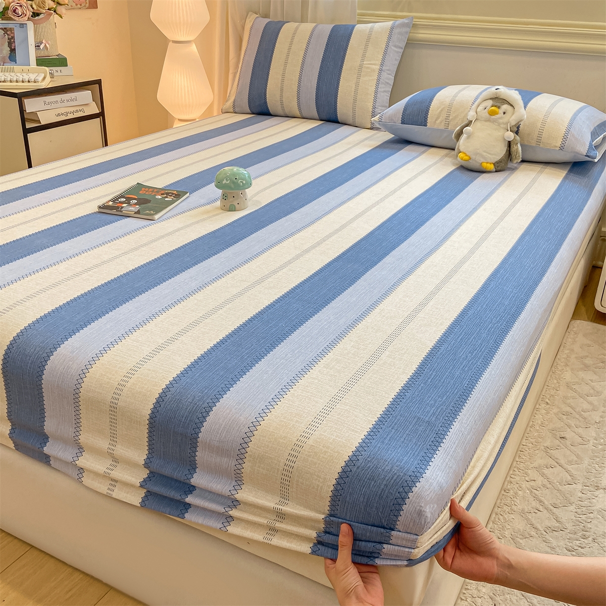 91家纺网 家纺一手货源 找家纺 灰鲸 2025新款A类全棉磨毛单品床笠 床笠单件 格律-蓝