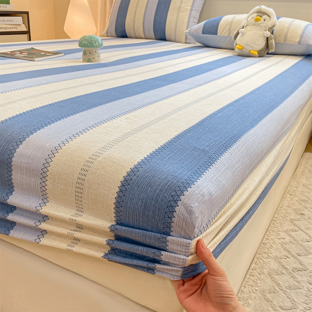 91家纺网 家纺一手货源 找家纺 灰鲸 2025新款A类全棉磨毛单品床笠 床笠单件 格律-蓝