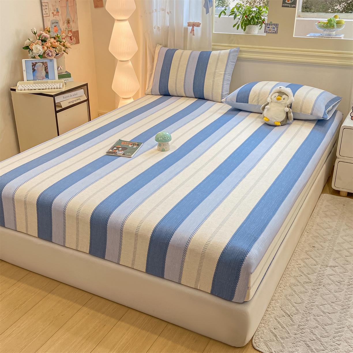 91家纺网 家纺一手货源 找家纺 灰鲸 2025新款A类全棉磨毛单品床笠 床笠单件 格律-蓝