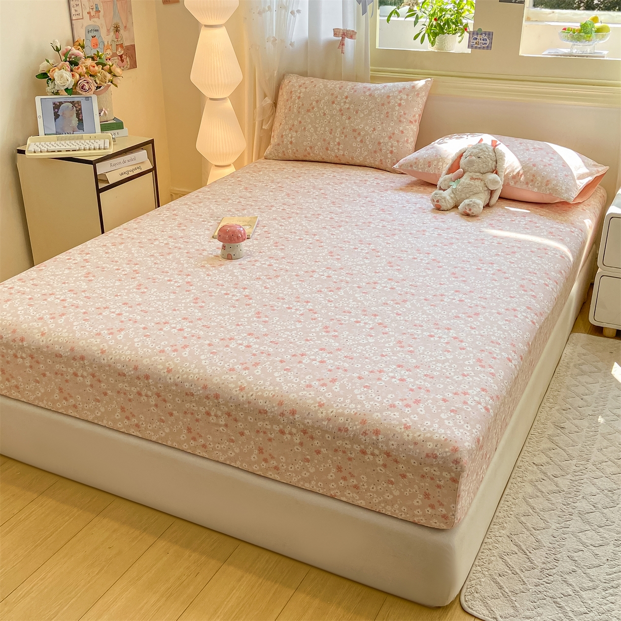 91家纺网 家纺一手货源 找家纺 灰鲸 2025新款A类全棉磨毛单品床笠 床笠单件 零落-粉