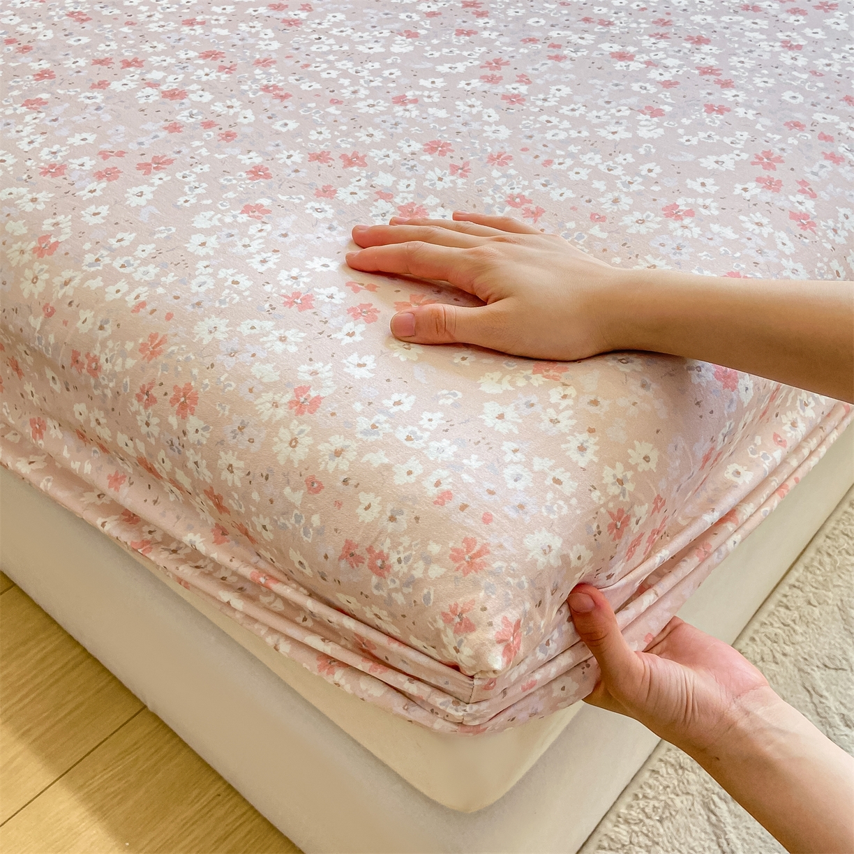 91家纺网 家纺一手货源 找家纺 灰鲸 2025新款A类全棉磨毛单品床笠 床笠单件 零落-粉