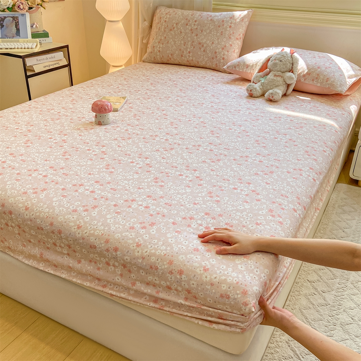 91家纺网 家纺一手货源 找家纺 灰鲸 2025新款A类全棉磨毛单品床笠 床笠单件 零落-粉