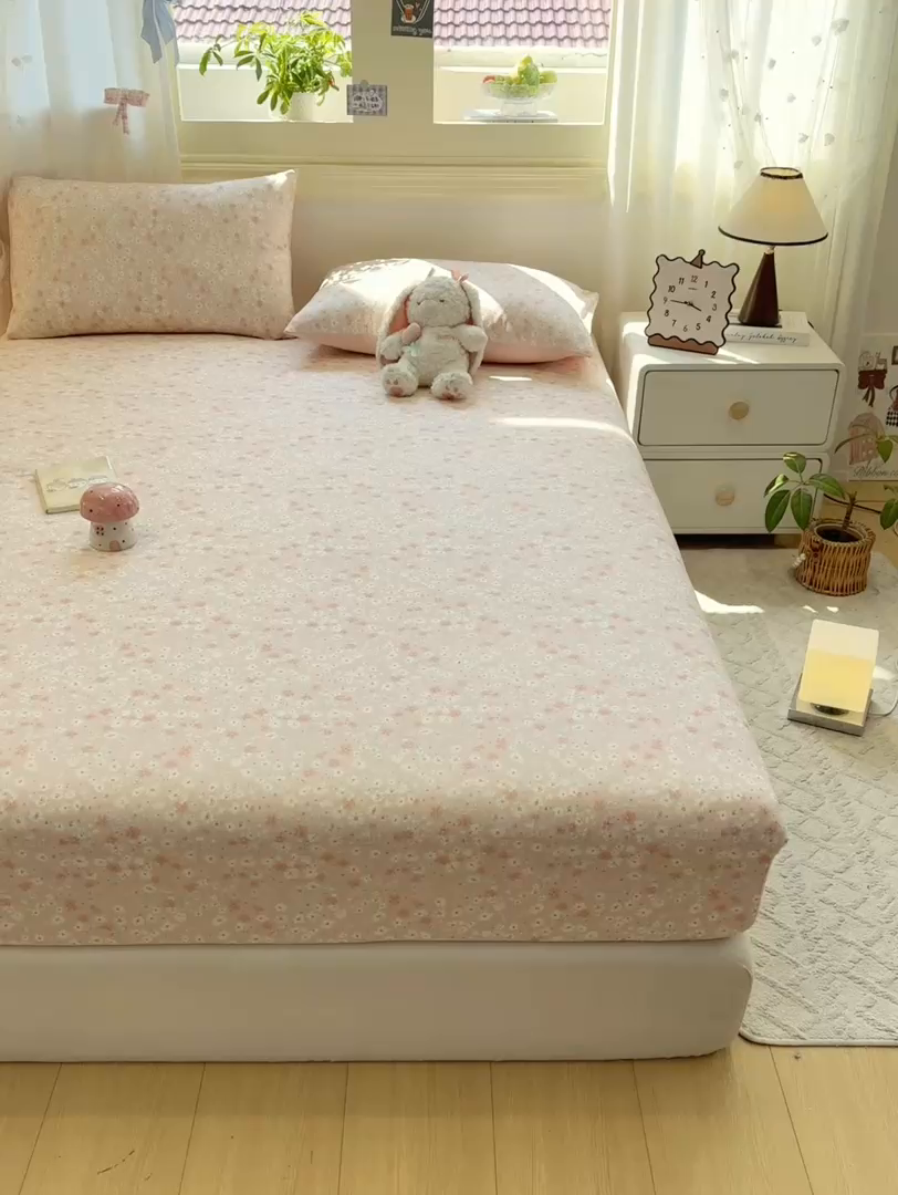 91家纺网 家纺一手货源 找家纺 灰鲸 2025新款A类全棉磨毛单品床笠 床笠单件 零落-粉