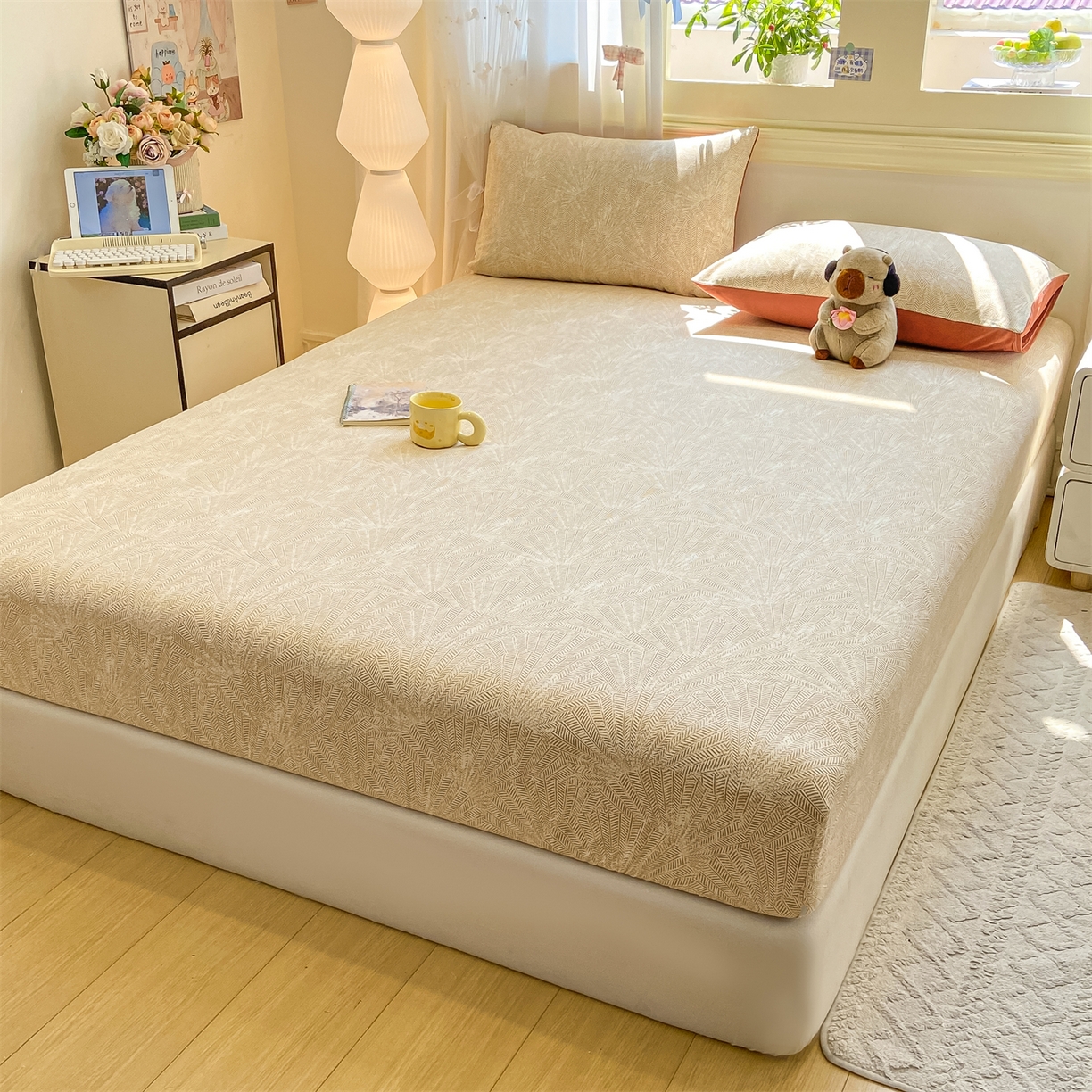 91家纺网 家纺一手货源 找家纺 灰鲸 2025新款A类全棉磨毛单品床笠 床笠单件 南昭-咖