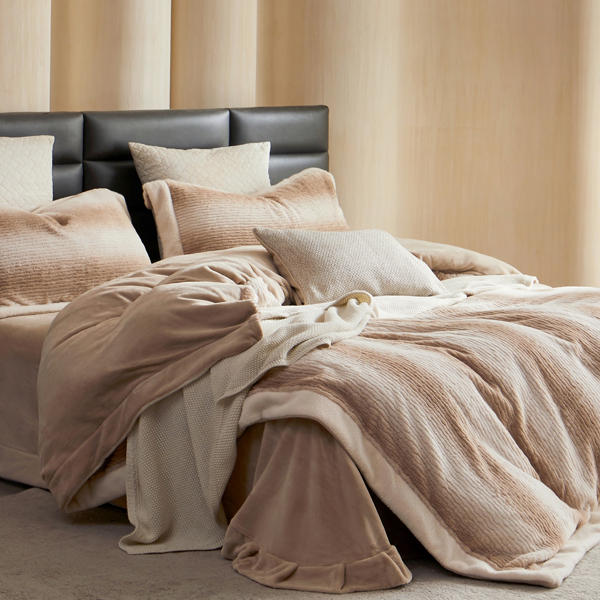 91家纺网 家纺一手货源 找家纺 时亿家居 2025新款仿狐绒牛奶绒四件套-柔如系列 梧桐咖