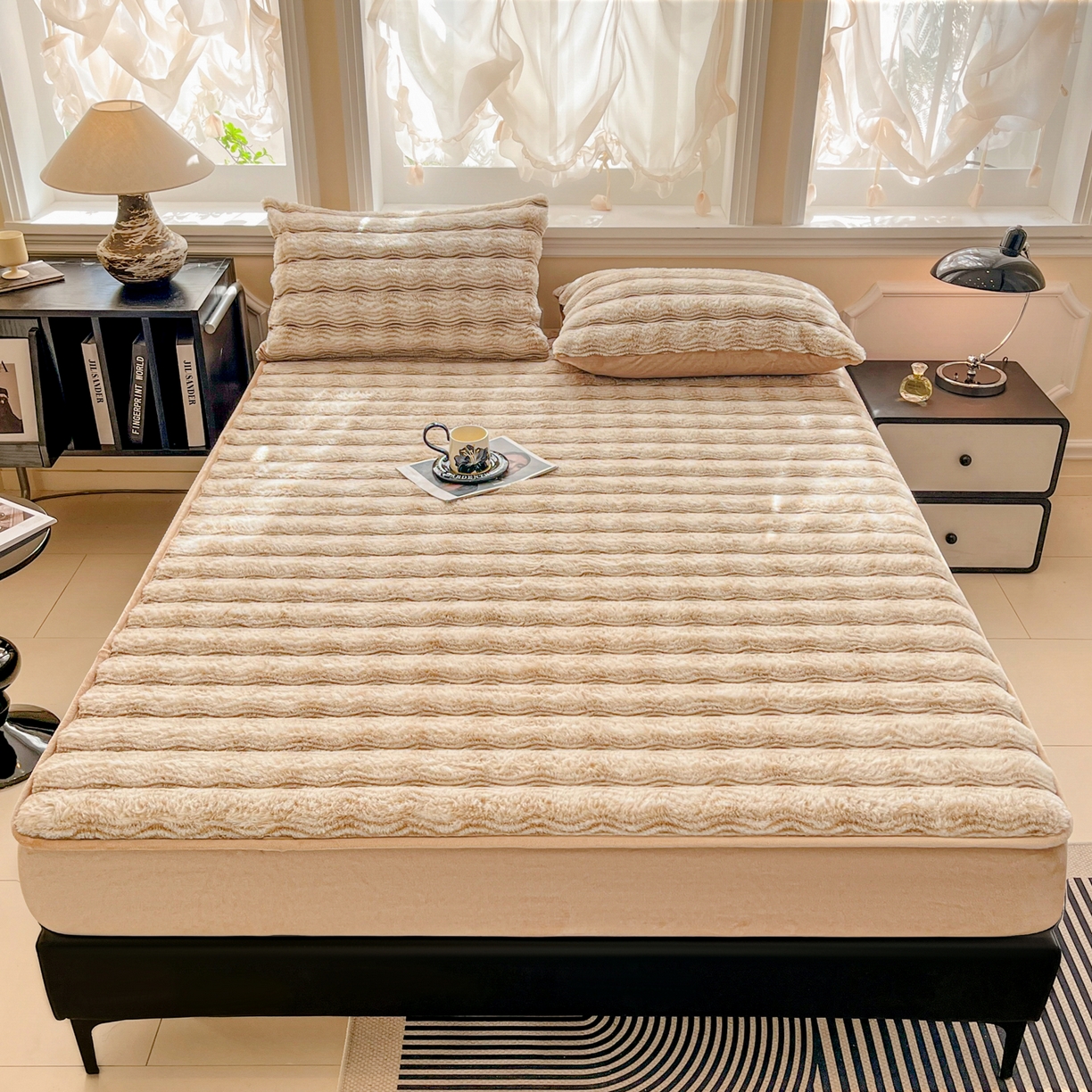 91家纺网 家纺一手货源 找家纺 （总）云木里 2025新款轻奢波纹皮草兔毛绒床笠单床笠床笠单件波纹系列