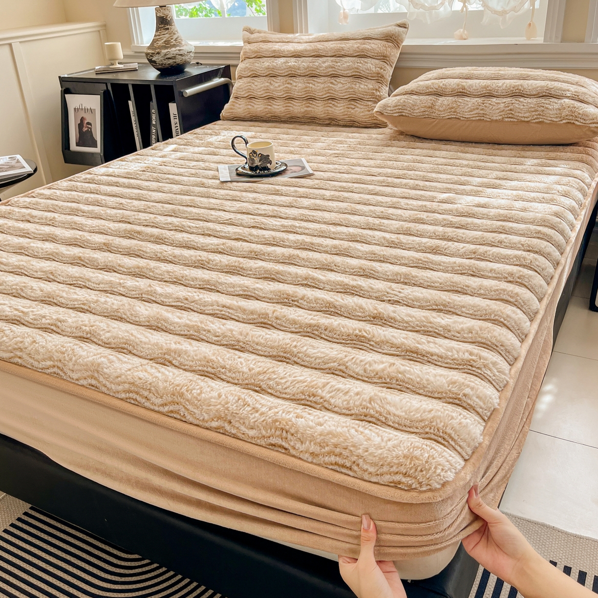 91家纺网 家纺一手货源 找家纺 （总）云木里 2025新款轻奢波纹皮草兔毛绒床笠单床笠床笠单件波纹系列