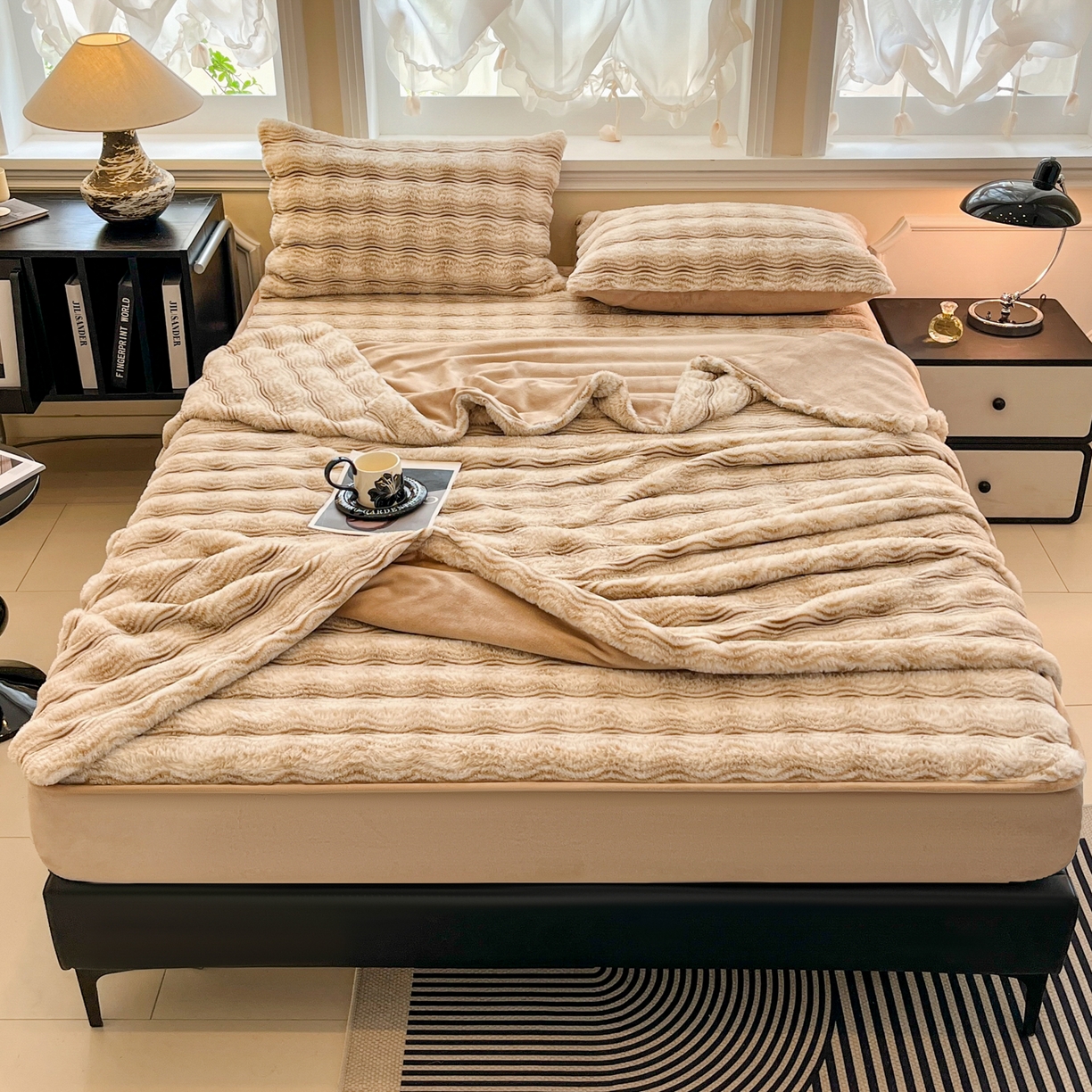 91家纺网 家纺一手货源 找家纺 （总）云木里 2025新款轻奢波纹皮草兔毛绒床笠单床笠床笠单件波纹系列