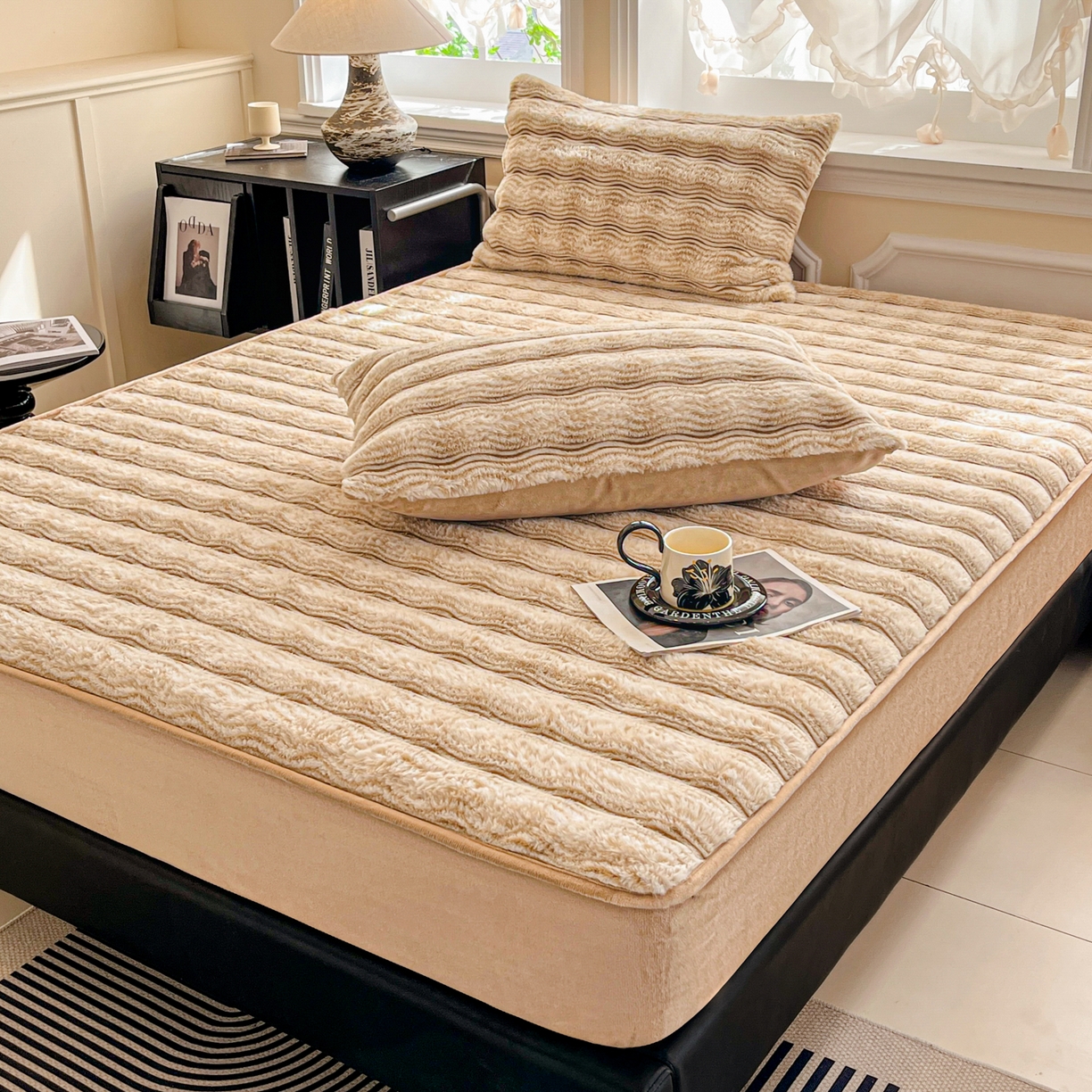 91家纺网 家纺一手货源 找家纺 （总）云木里 2025新款轻奢波纹皮草兔毛绒床笠单床笠床笠单件波纹系列